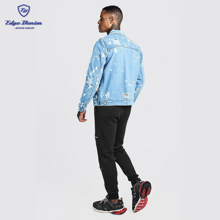 China jean manufacturer wholesale mens blue distressed light washed ripped denim jacket with bleach effect