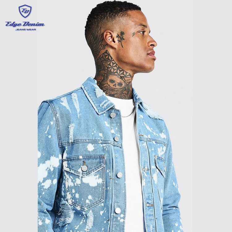 China jean manufacturer wholesale mens blue distressed light washed ripped denim jacket with bleach effect