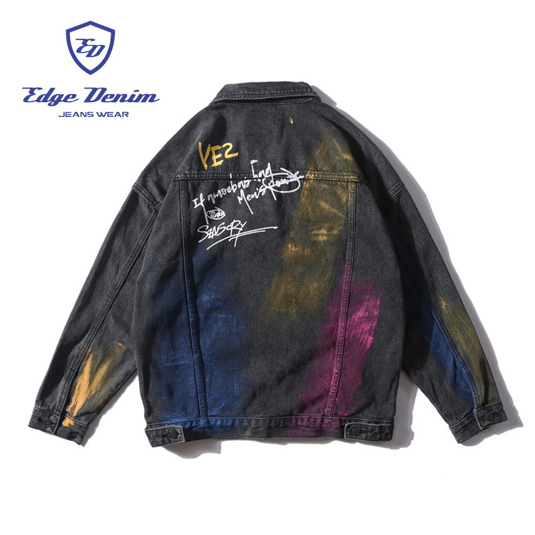 Edge Denim Wholesales Custom Denim Jacket Yellow Pink Printed mens printed jeans Jacket Mens Jackets Blue