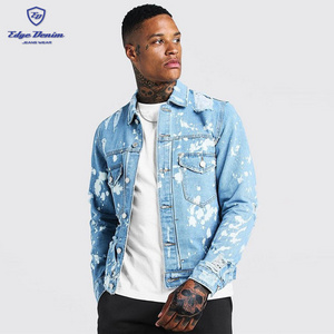 China jean manufacturer wholesale mens blue distressed light washed ripped denim jacket with bleach effect