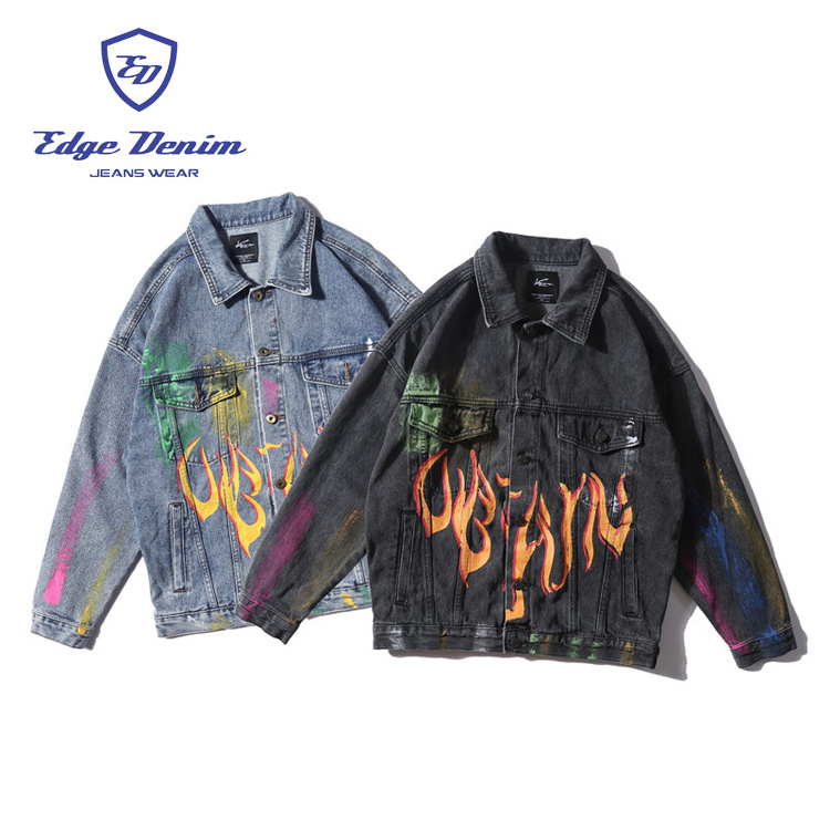 Edge Denim Wholesales Custom Denim Jacket Yellow Pink Printed mens printed jeans Jacket Mens Jackets Blue