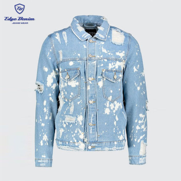 China jean manufacturer wholesale mens blue distressed light washed ripped denim jacket with bleach effect