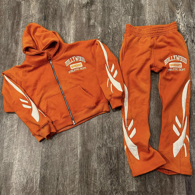 Custom patch work flare sweat pants and hoodie vintage stacked heavyweight sweatsuit streetwear sweat suits acid wash tracksuit