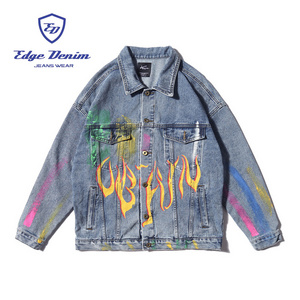 Edge Denim Wholesales Custom Denim Jacket Yellow Pink Printed mens printed jeans Jacket Mens Jackets Blue