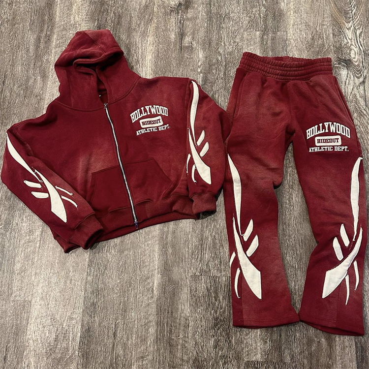 Custom patch work flare sweat pants and hoodie vintage stacked heavyweight sweatsuit streetwear sweat suits acid wash tracksuit