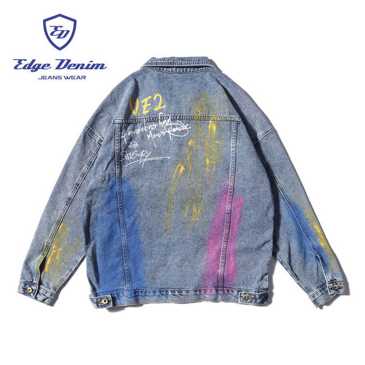 Edge Denim Wholesales Custom Denim Jacket Yellow Pink Printed mens printed jeans Jacket Mens Jackets Blue