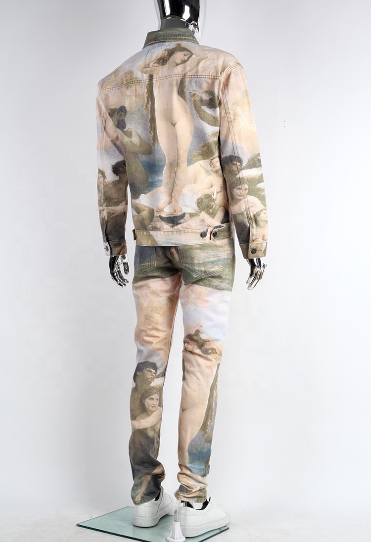 All Over Sublimation Digital Printed Jacket And Jeans Pants Set Denim Jeans Digital Printed Custom Jeans Suit For Men