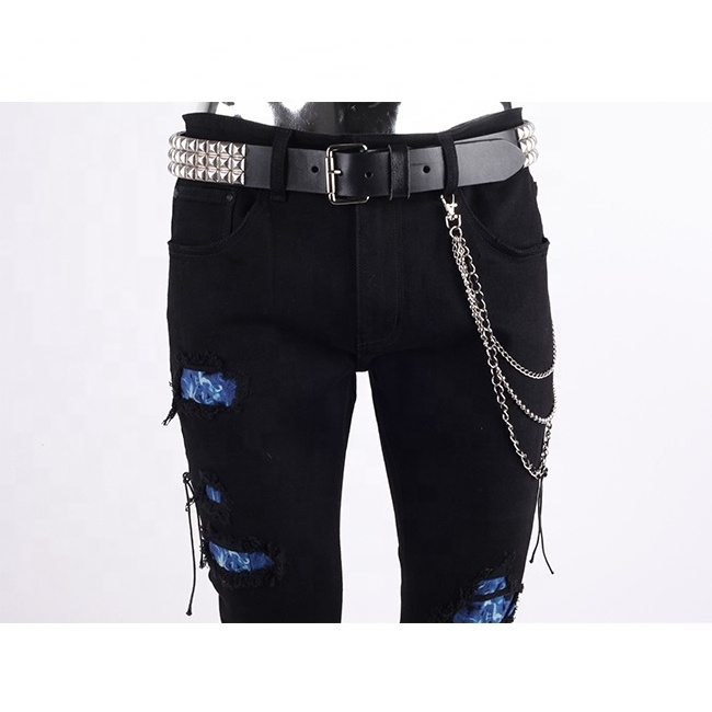 fashion slim skinny custom rhinestone Destroyed Patch black Jeans for men trouser