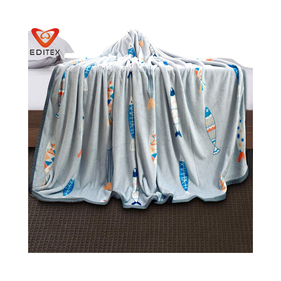 Super Soft Custom Cartoon Fish Printed White Sublimation Cheap Wholesale Sofa Double Sided Flannel Blankets With Logo Fleece