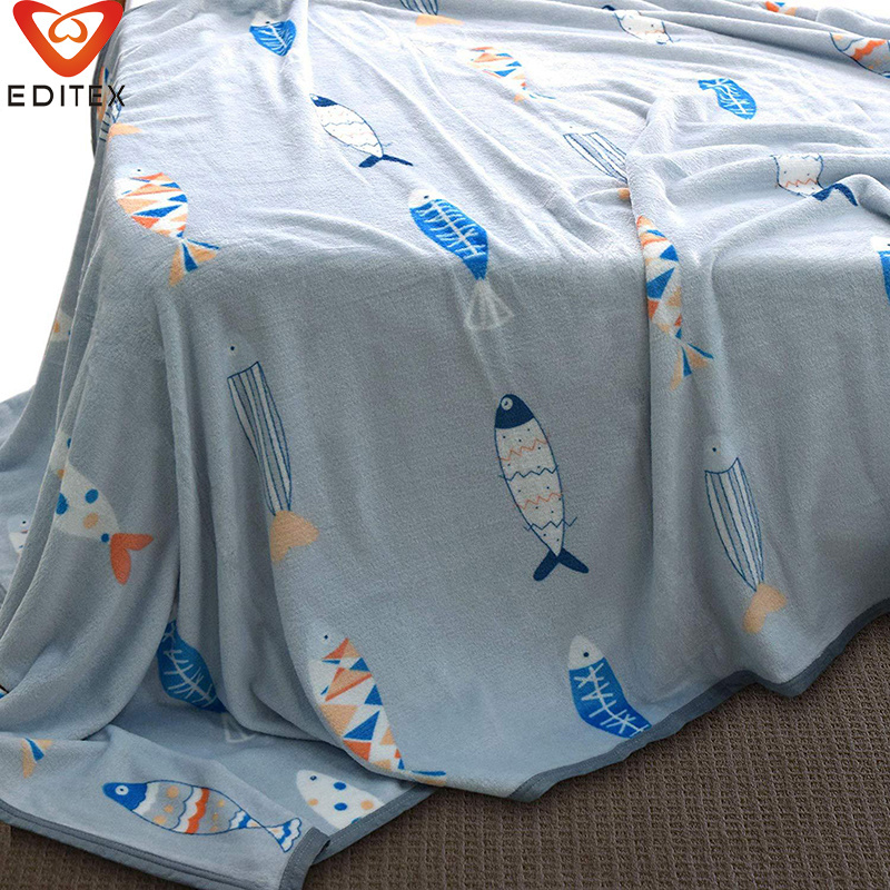 Super Soft Custom Cartoon Fish Printed White Sublimation Cheap Wholesale Sofa Double Sided Flannel Blankets With Logo Fleece