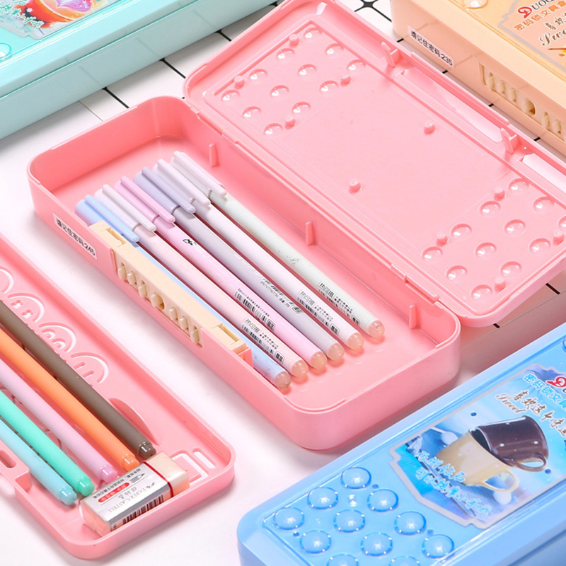 Durable Plastic Cartoon Pencil Case Box Students Pencil Pen Holder with Password Coded Lock School Office College Organizer Box