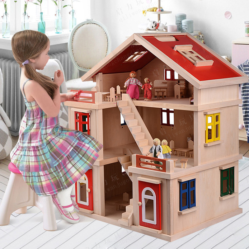 Big doll house doll furnitures baby wooden toys educational wooden toys for kids