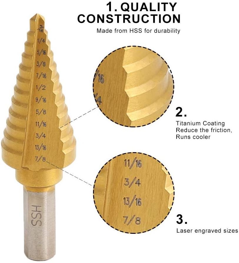 E-durable 6Pcs high speed steel step drill bits power screwdriver drills step drill bit set