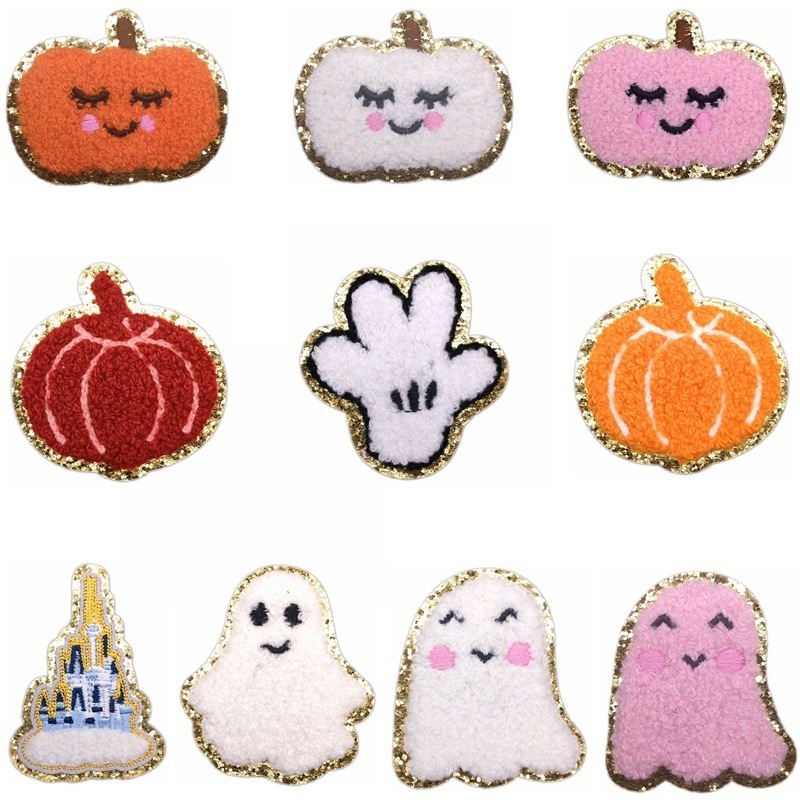 Halloween Ghost Pumpkin Castle glitter chenille embroidered glue patch