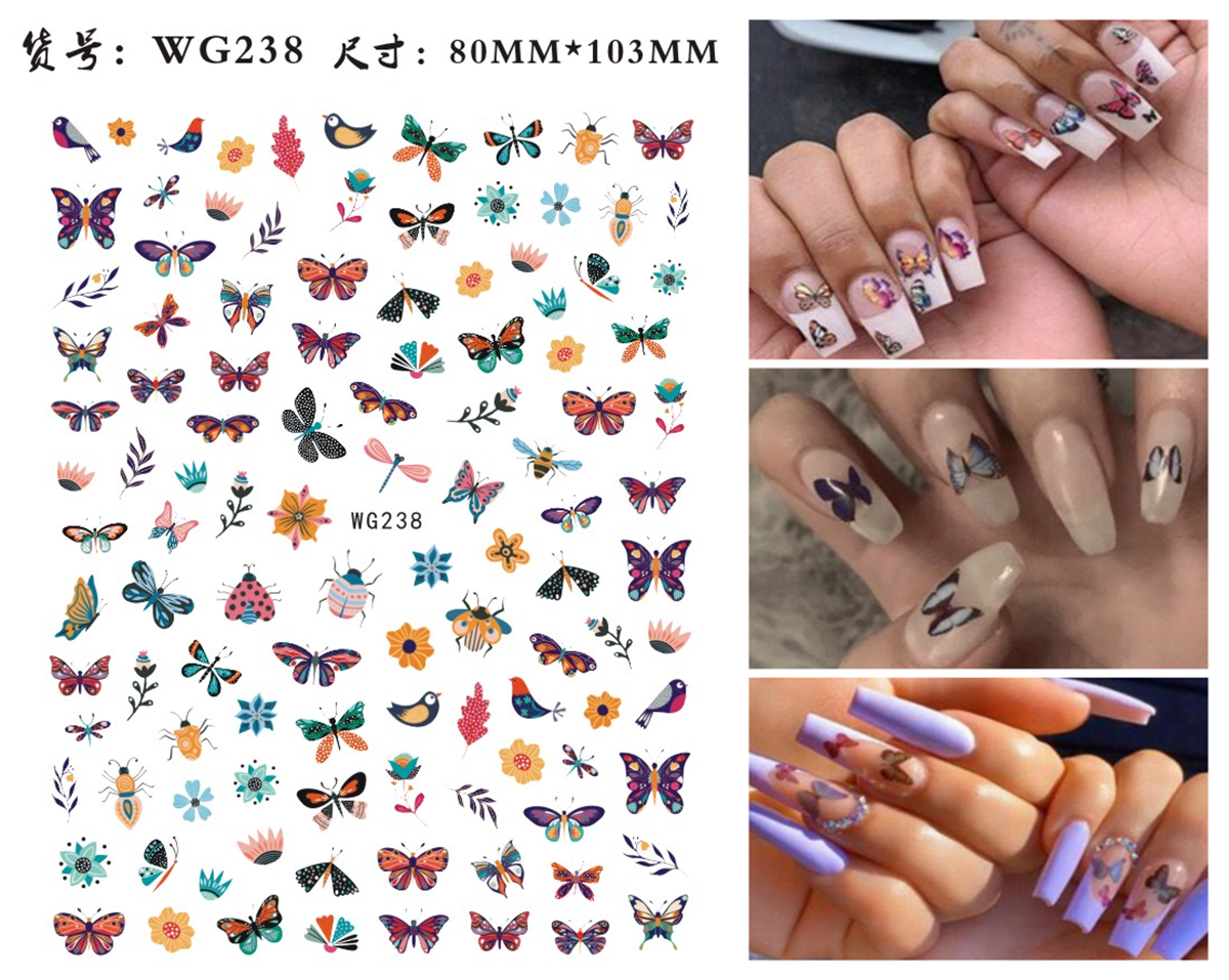 Colorful Flower Bird Dragonfly Butterfly Nail Accessories Retro 3D Nail Decal Sticker