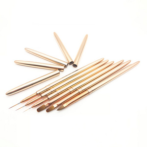 China Supplier Luxury Full Rose Gold Metal Handle UV Gel Nail Art Brushes Kolinsky Nail Brush Set