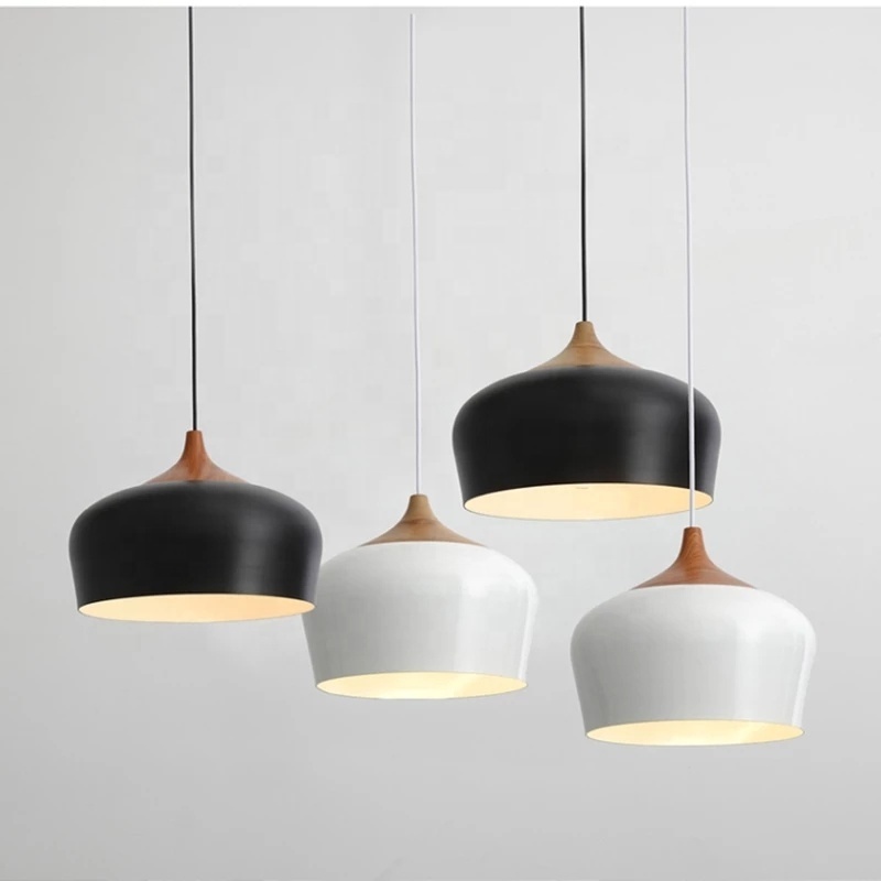 Modern Pendant Light Fixture Black Metal Lampshade Wood Pattern Dome Minimalist Industrial Ceiling Hanging Light for Kitchen