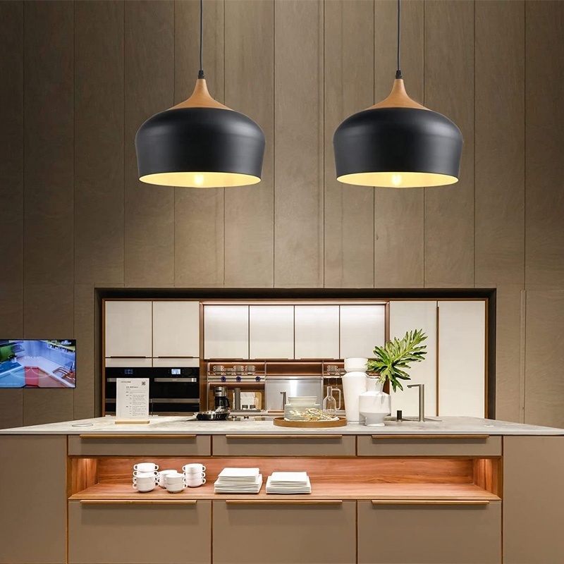 Modern Pendant Light Fixture Black Metal Lampshade Wood Pattern Dome Minimalist Industrial Ceiling Hanging Light for Kitchen