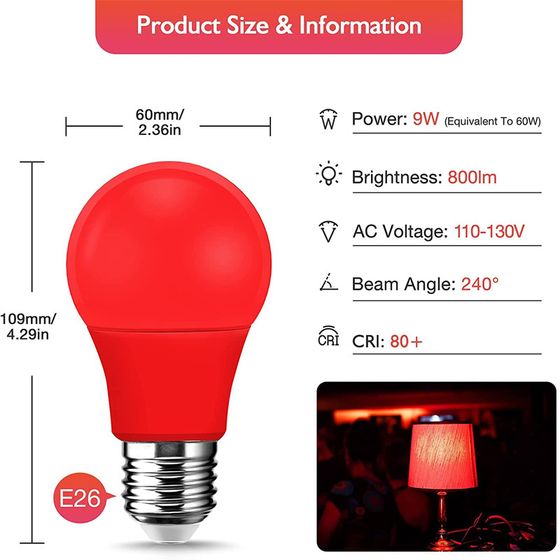 60 Watt Equivalent, Red, Non-Dimmable, A19 LED Light Bulb E26 E27