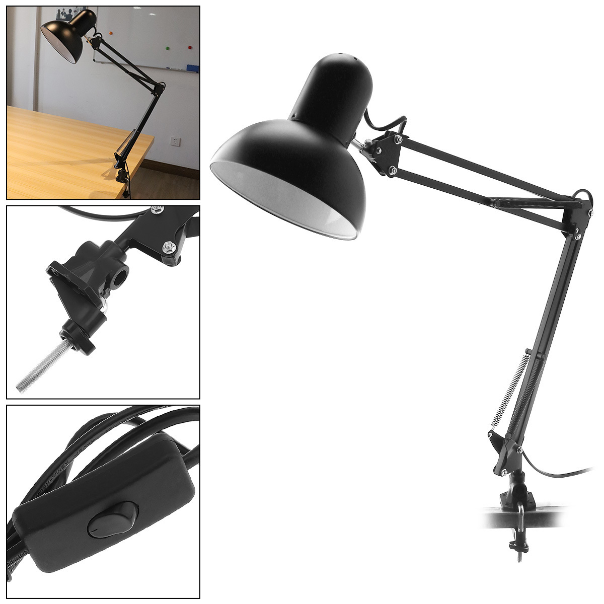 Black Silver White Red Flexible Swing Arm Clamp Mount Desk Lamp US EU Plug E26 E27 Bulbs