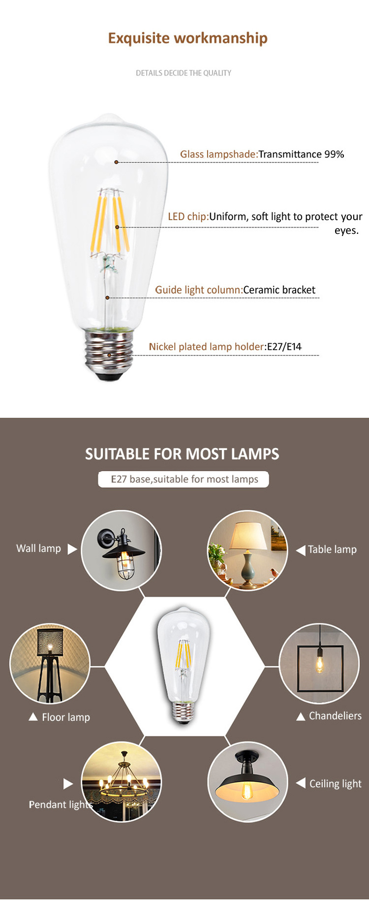 G80 Lamp led filament bulb, dimmable AC110V 220V 12V edison led bulb, E27 E26 E14 filament led edison lamp