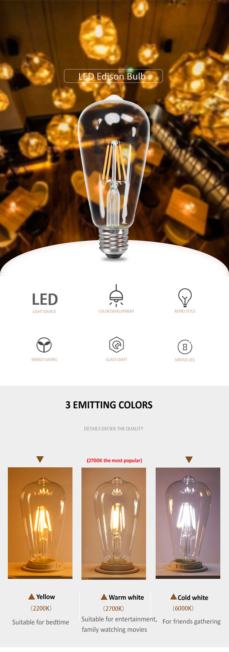 G80 Lamp led filament bulb, dimmable AC110V 220V 12V edison led bulb, E27 E26 E14 filament led edison lamp