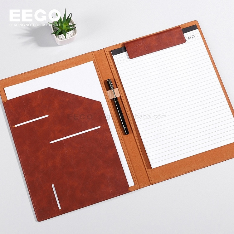 Brown Clipboard Document Organizer Business Leather Portfolio A4 Paper Custom Logo File Folders Binder For Interview