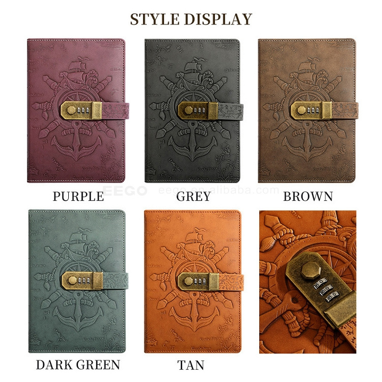 2024 2025 Embossed Vintage Travelers A5 Refillable PU Leather Hardcover Diary Notebooks Journal With Combination Lock