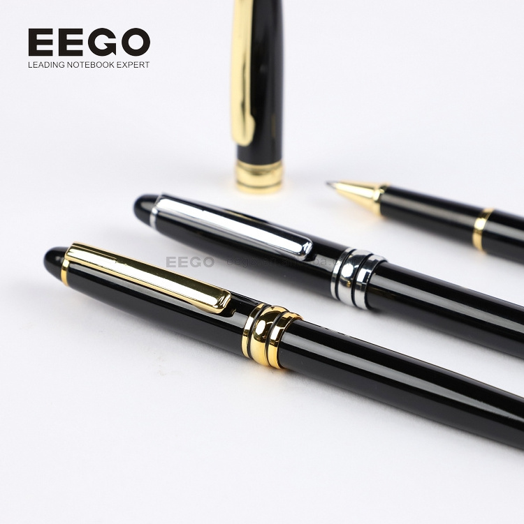 Luxury Business School Black Body Gold Silver Trim Personalized Logo Ball Pen Gift Set with Box