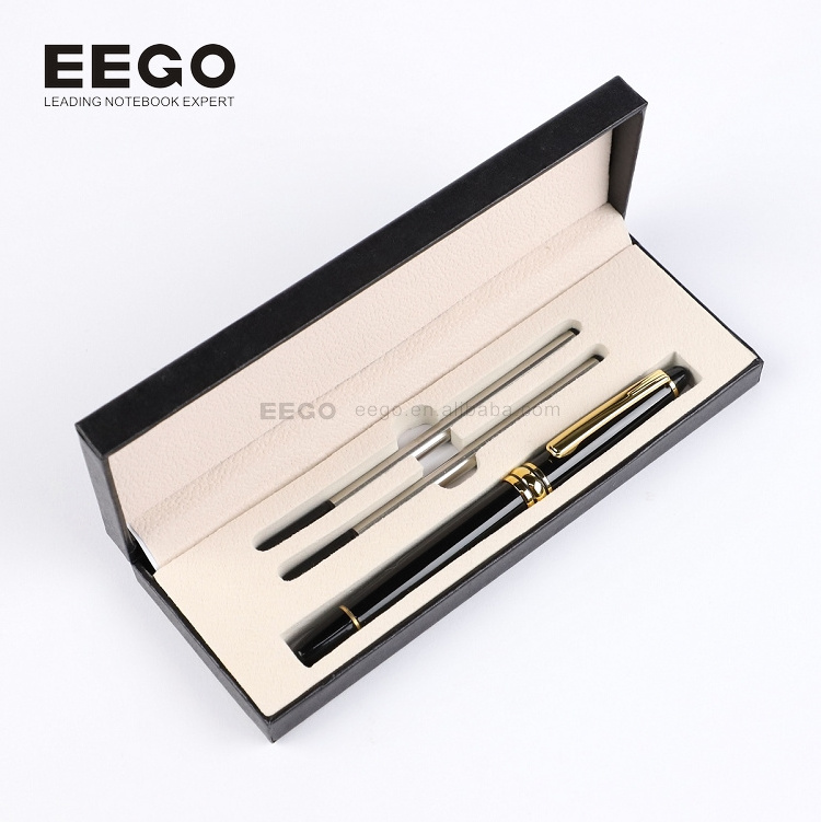 Luxury Business School Black Body Gold Silver Trim Personalized Logo Ball Pen Gift Set with Box