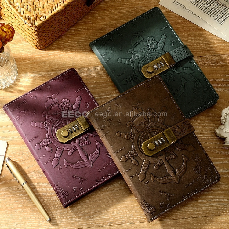 2024 2025 Embossed Vintage Travelers A5 Refillable PU Leather Hardcover Diary Notebooks Journal With Combination Lock