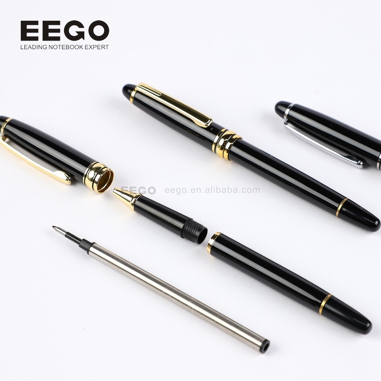 Luxury Business School Black Body Gold Silver Trim Personalized Logo Ball Pen Gift Set with Box