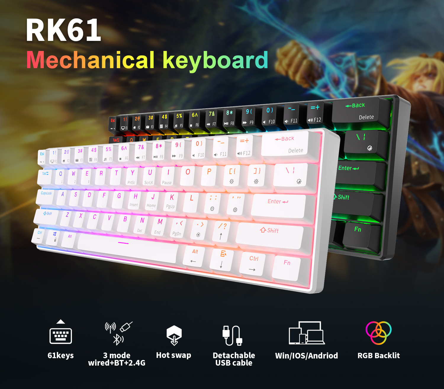 Royal Kludge RK61 RK 61 keys dual mode wireless hot swap bt led rgb teclado mechanical gaming keyboard 60% blue switch