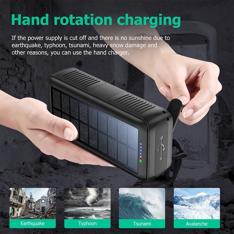 Hand crank to generate electricity 10000mah portable solar charger power bank Built in cable solar power bank with hand crank