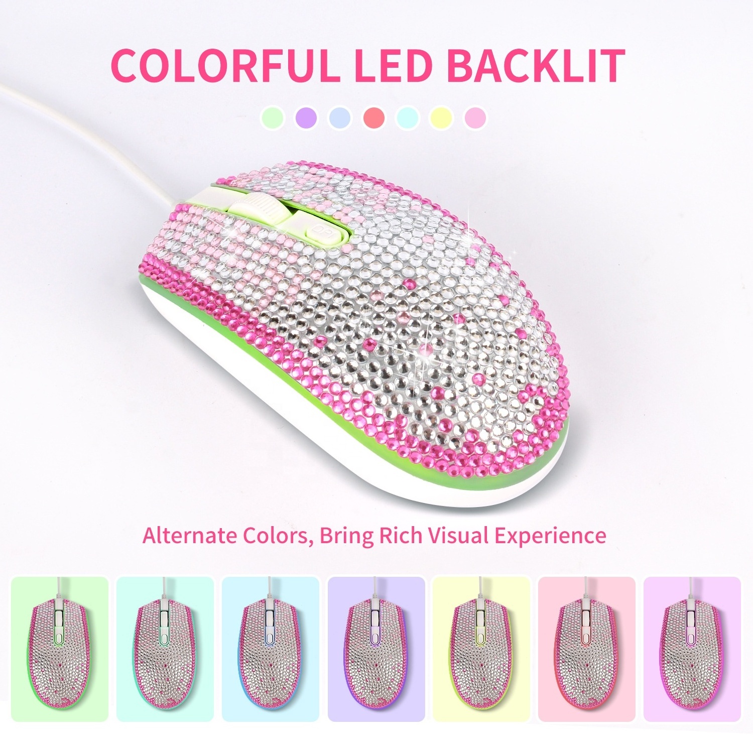 Crystal Rhinestone  Wired mouse computer accessories electronic gift seven color luminescent diamond embedded wired mouse