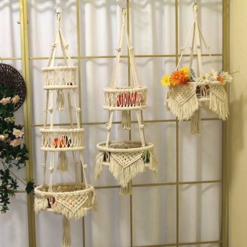 New Arrival Boho Decor Macrame 3 Tier Hanging Basket Space Saving Hanging Fruit Basket Fruit Hammock for Vegetable Organizing