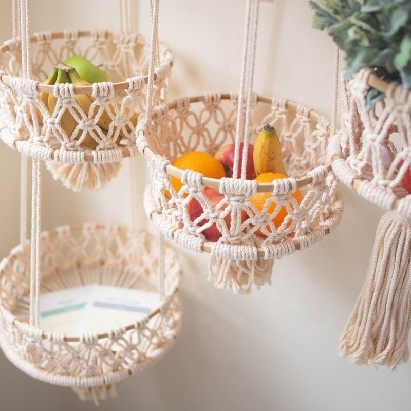 New Arrival Boho Decor Macrame 3 Tier Hanging Basket Space Saving Hanging Fruit Basket Fruit Hammock for Vegetable Organizing