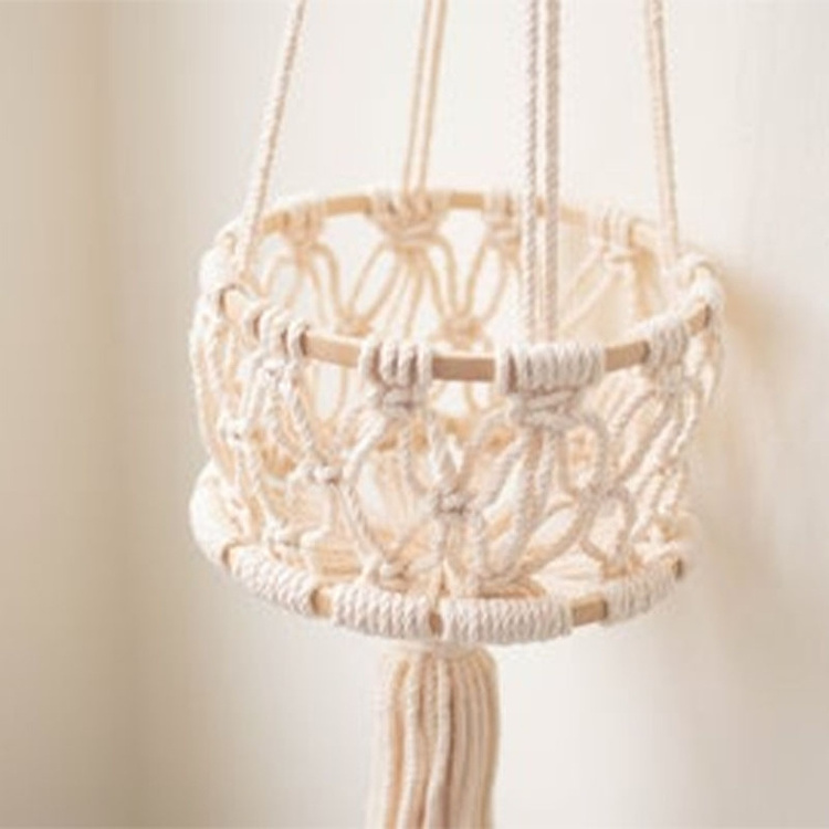 Boho Bohemian Handmade Cotton Rope Macrame Cord Wood Woven Wall Hanging Plant Hangers Shelf Cotton Rope Woven Storage Basket