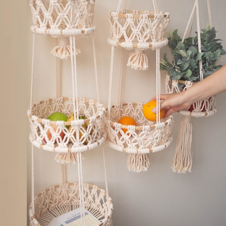 Boho Bohemian Handmade Cotton Rope Macrame Cord Wood Woven Wall Hanging Plant Hangers Shelf Cotton Rope Woven Storage Basket