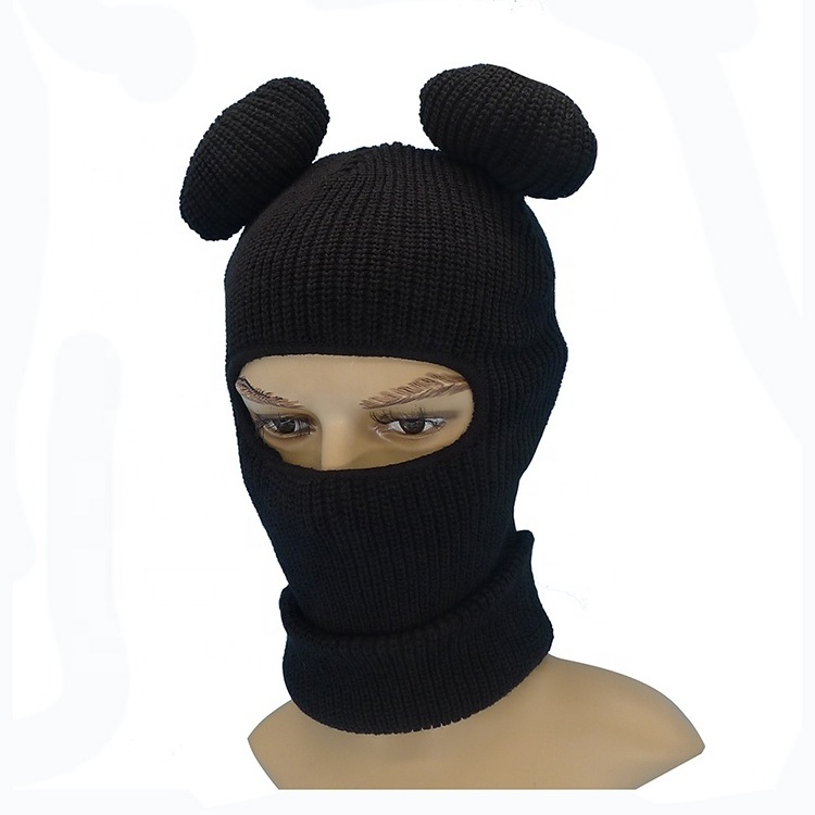 Soft warm knitted one 1 hole balaclava ears ski mask beanie custom holiday hat outdoor sports cosplay party