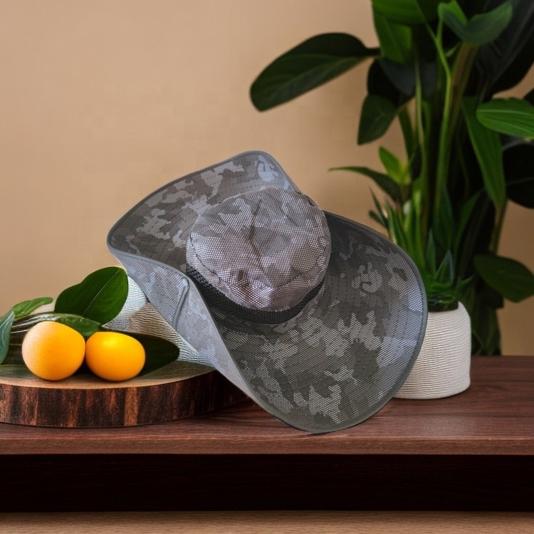 2024 New Wide Brim Fishing Boonie Bucket Hat Camouflage Mesh Polyester Sun Protection Folding Fisherman Hats With String Bulk