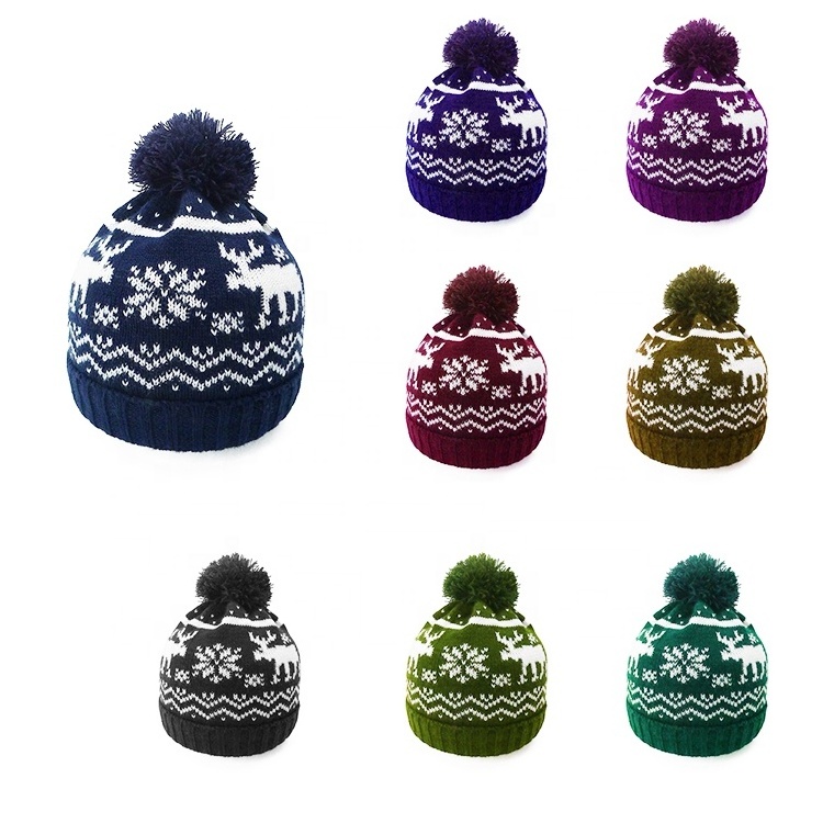 Christmas Beanie Hats Xmas Knitted Hat Unisex Winter Cap Jacquard Beanie Pom Pom Custom Cuff Toque For Adults Kids Holiday