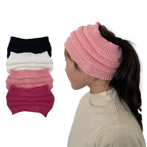 Women girls knit ponytail beanie hat winter sports beanies headband messyy bun running cheap caps with hole on top