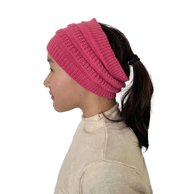 Women girls knit ponytail beanie hat winter sports beanies headband messyy bun running cheap caps with hole on top