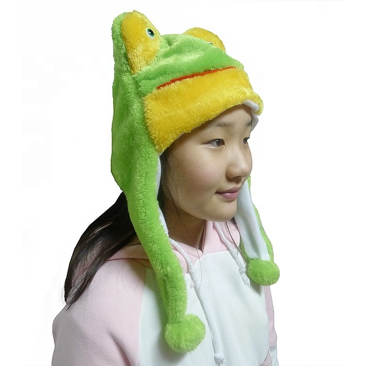 Wholesale cute plush frog hat green novelty cap custom winter hats animal shape halloween holiday hat for adults kids