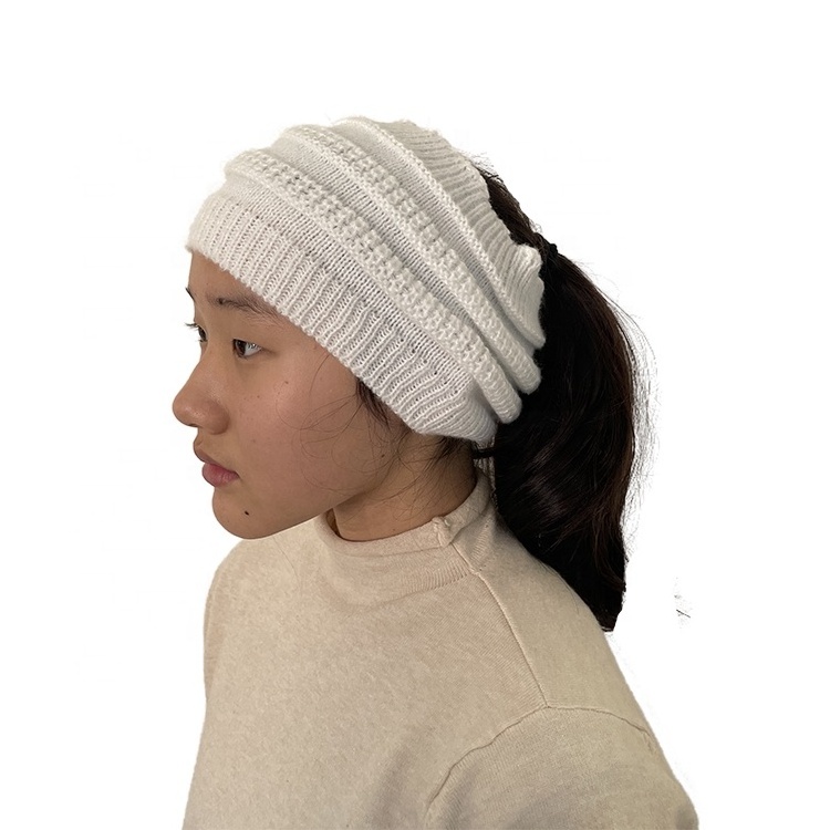 Women girls knit ponytail beanie hat winter sports beanies headband messyy bun running cheap caps with hole on top