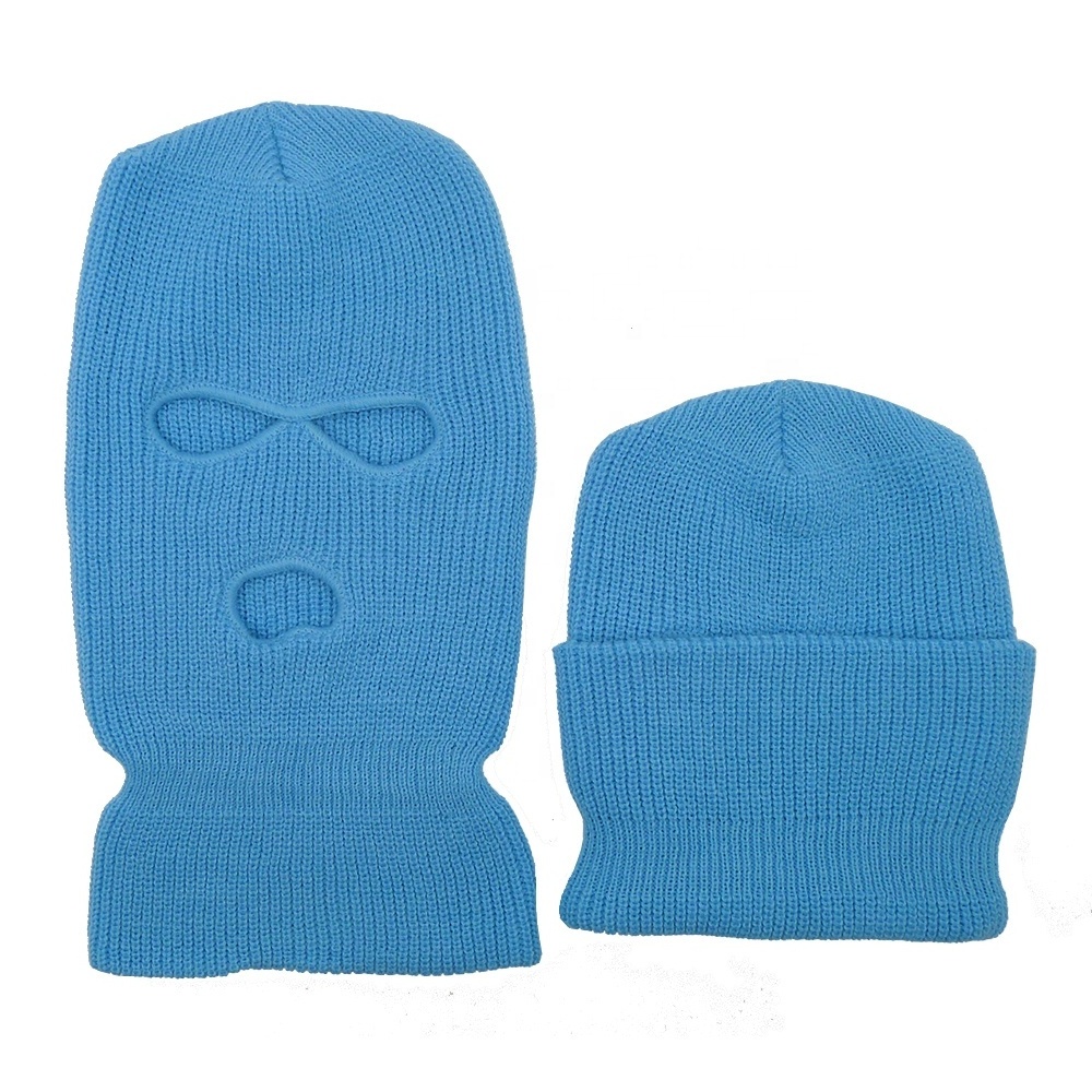 Hot Sale blue Balaclava 3 Hole Winter hats Knitted Ski Hat And Neck Warmer For Outdoor And Cycling