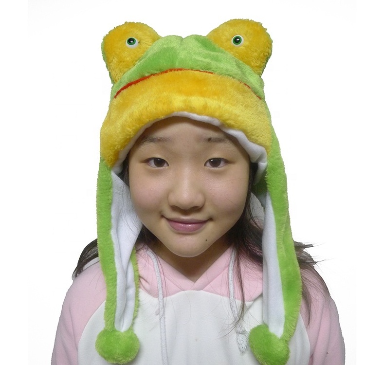 Wholesale cute plush frog hat green novelty cap custom winter hats animal shape halloween holiday hat for adults kids