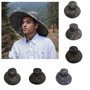 2024 New Wide Brim Fishing Boonie Bucket Hat Camouflage Mesh Polyester Sun Protection Folding Fisherman Hats With String Bulk