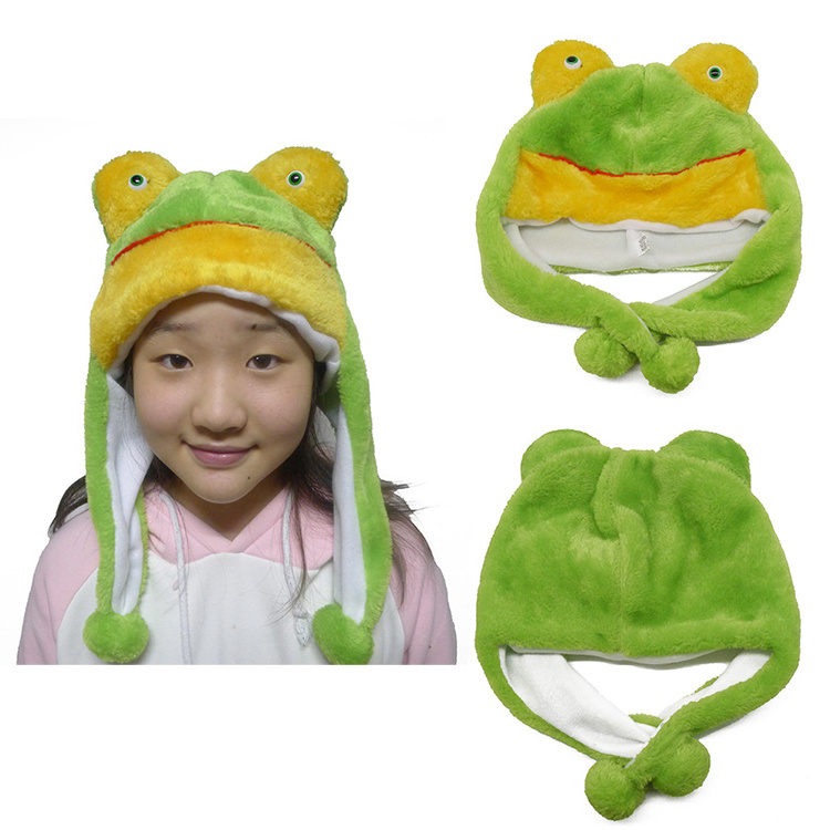 Wholesale cute plush frog hat green novelty cap custom winter hats animal shape halloween holiday hat for adults kids